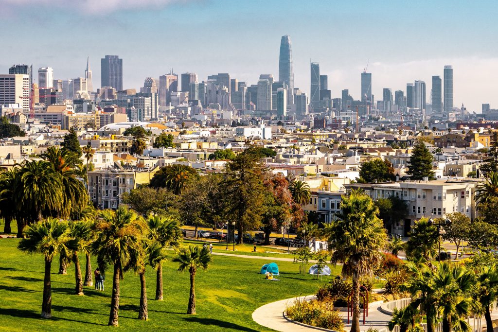Nice view of the park and panoramic view of San Francisco from Dolores park during summer season.